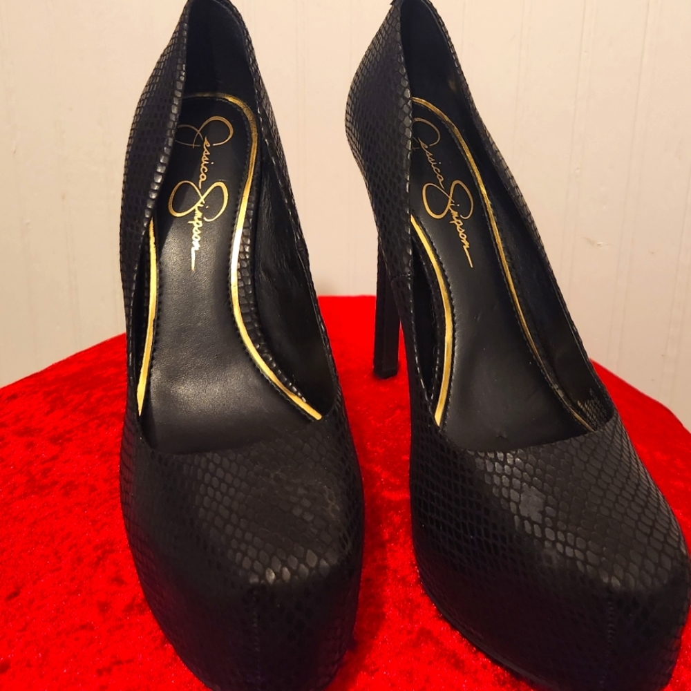 Black snakeskin print stiletto heels